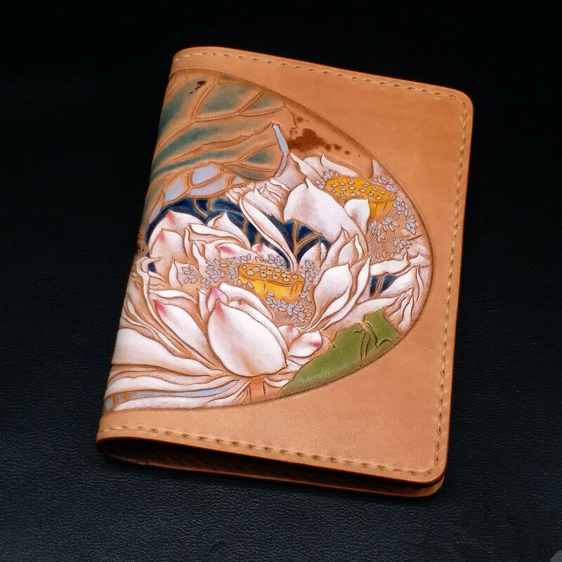 Artesanal de couro genuíno flor titular do cartão passaporte capa organizador pasta armazenamento lotus carteiras tamanho personalizado