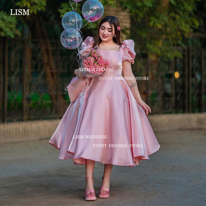 Розовое атласное платье для выпускного LISM, ТРАПЕЦИЕВИДНОЕ платье принцессы с квадратным вырезом, пышными рукавами, длиной ниже колена, плиссированное женское платье на день рождения