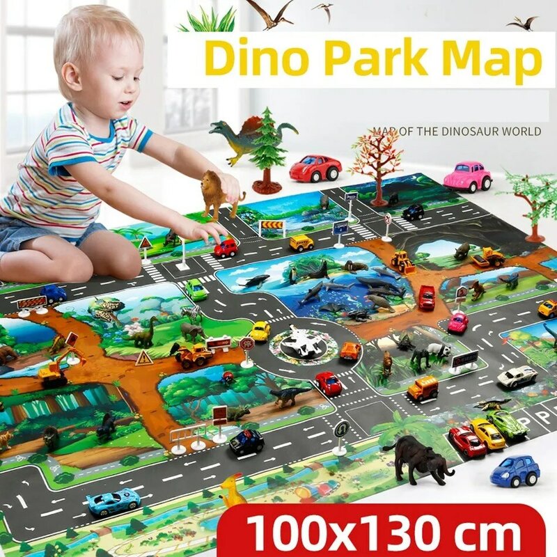 Mapa de coche de tráfico de dinosaurios de zoológico para niños y niñas, tapetes educativos para bebés, alfombra de juego de dibujos animados, juguetes para niños, tapetes de juego para bebés