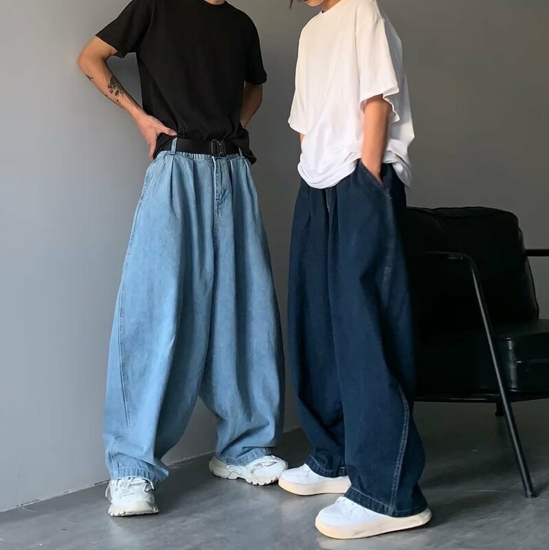 HOUZHOU-pantalones vaqueros rectos para hombre, ropa de calle informal, ancha, holgada, azul, estilo Hip Hop, Y2K