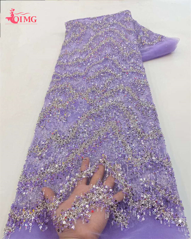 OIMG-tela de tul francés Nigeriano para boda, tejido de encaje de red con cuentas de lentejuelas pesadas, azul, hecho a mano, alta calidad, 5 yardas, 2023