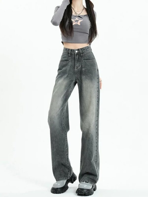 Женские джинсы в форме груши с высокой талией и широкими штанинами, Новинка осени 2023, стильные прямые брюки в пол в стиле ретро с эффектом потертости, узкая версия