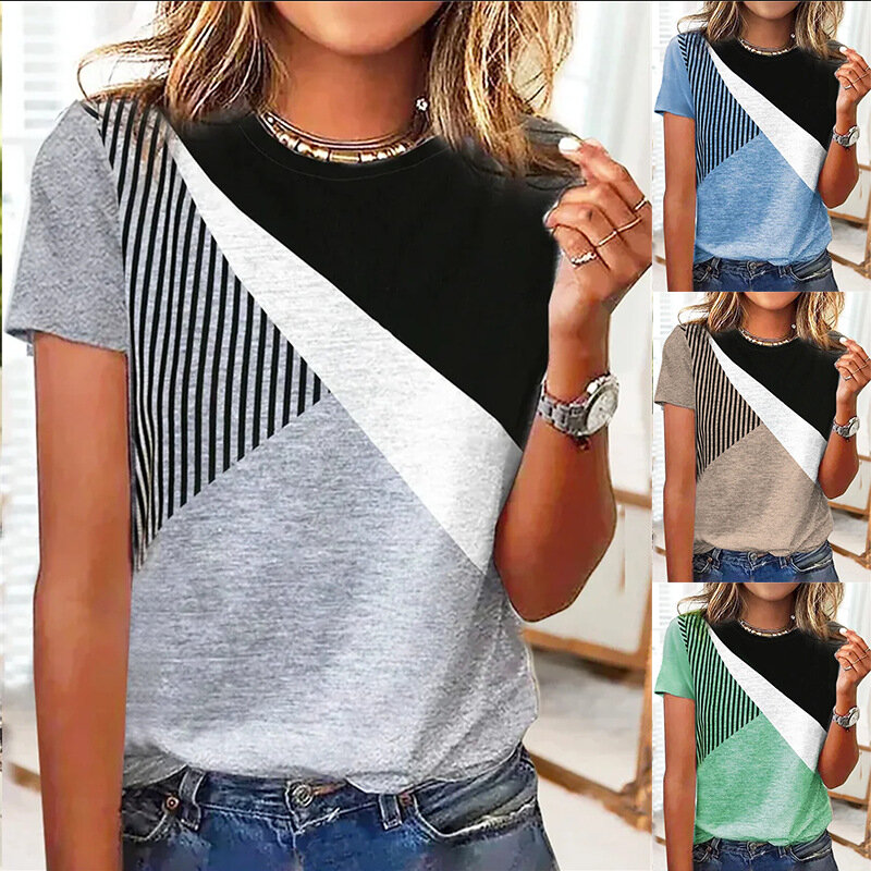 Kaus wanita musim panas motif geometris tidak beraturan, kaus atasan wanita leher bulat lengan pendek, baju kasual modis