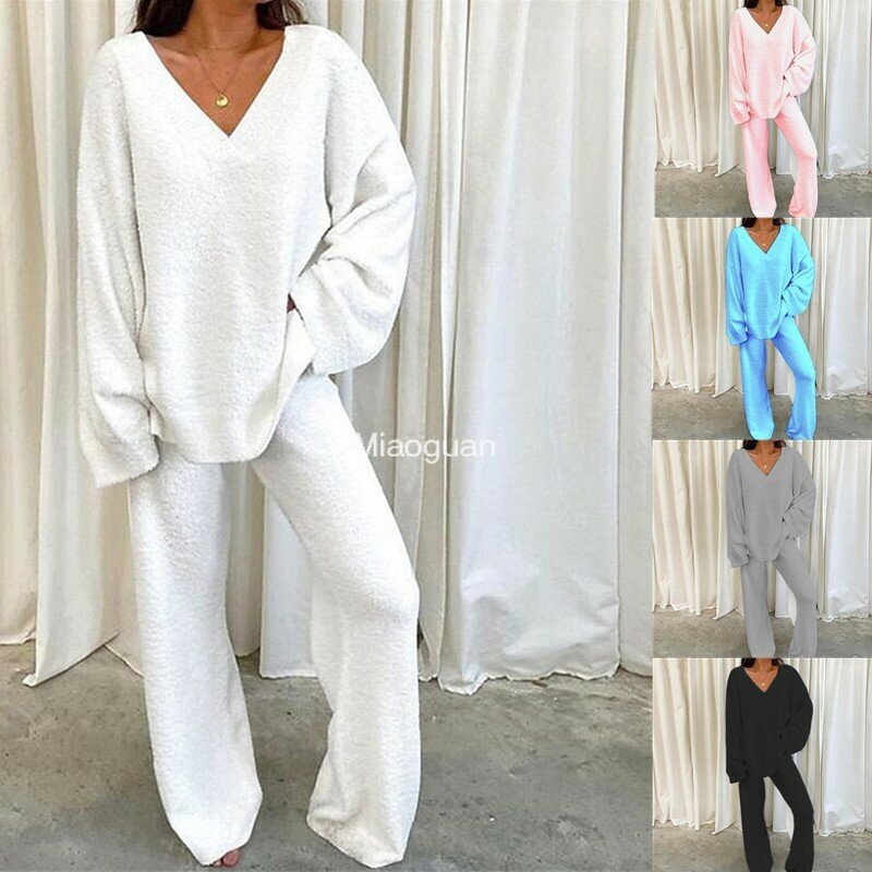Baju tidur wanita, piyama musim dingin nyaman polos leher V kasual rumah hangat atasan + celana panjang dua potong
