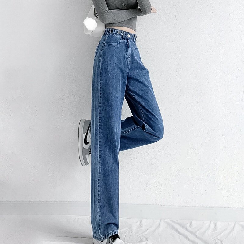 Calça jeans justa reta feminina, cintura alta, perna solta, nova tendência, primavera e outono, 2023