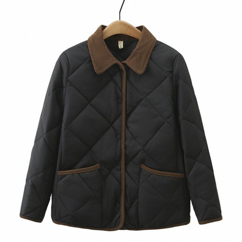 Womens Plus Size Winter Parkas Casual Clothing Color Blocking Lapel Padded Jacket Curve Argyle Coats S52 8212