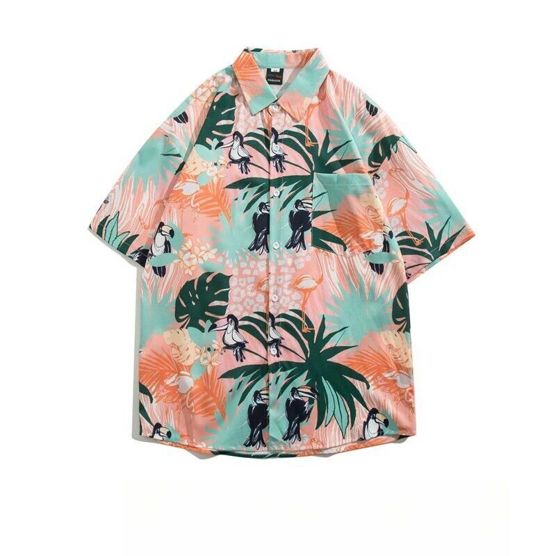 Kemeja lengan pendek motif Retro pria, mantel kemeja liburan pantai Hawaii longgar serbaguna modis musim panas