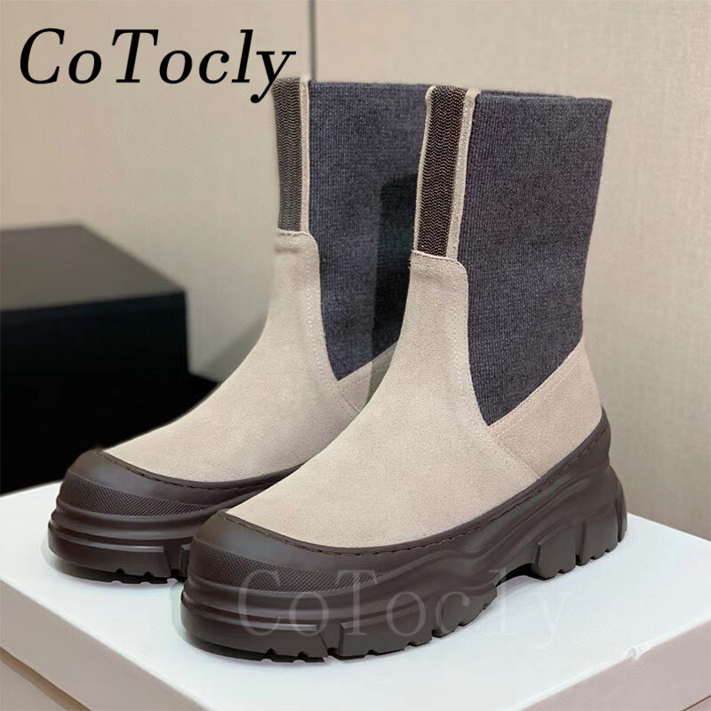 Luxury Quality Cow Suede Motorcycle Boots Women Round Toe Flat Platform Shoes Female Thick Sole String Bead Short Boots Woman