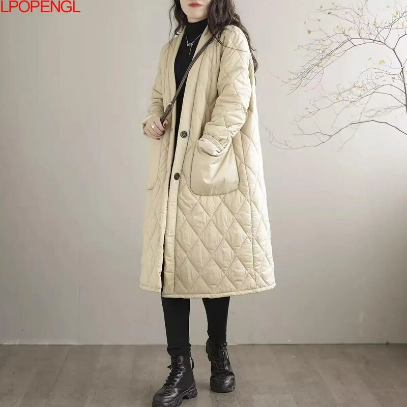 女性のミドル丈シングルブレストコート、暖かい綿のジャケット、長袖、ゆったりとしたヴィンテージのストリートウェア、単色、新しいファッション、冬