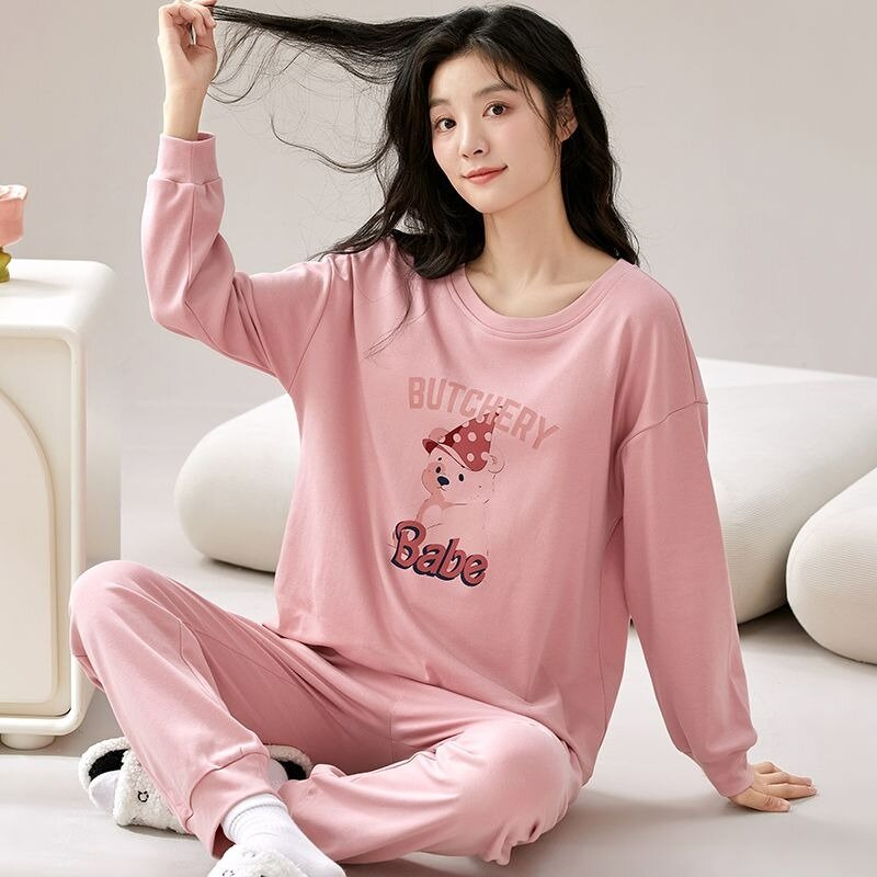 Round Neck Pajamas Set Student Spring Autumn Long Sleeve Sweet Cartoon Homewear Suit Large Size Casual Women's Sleepwear 2024