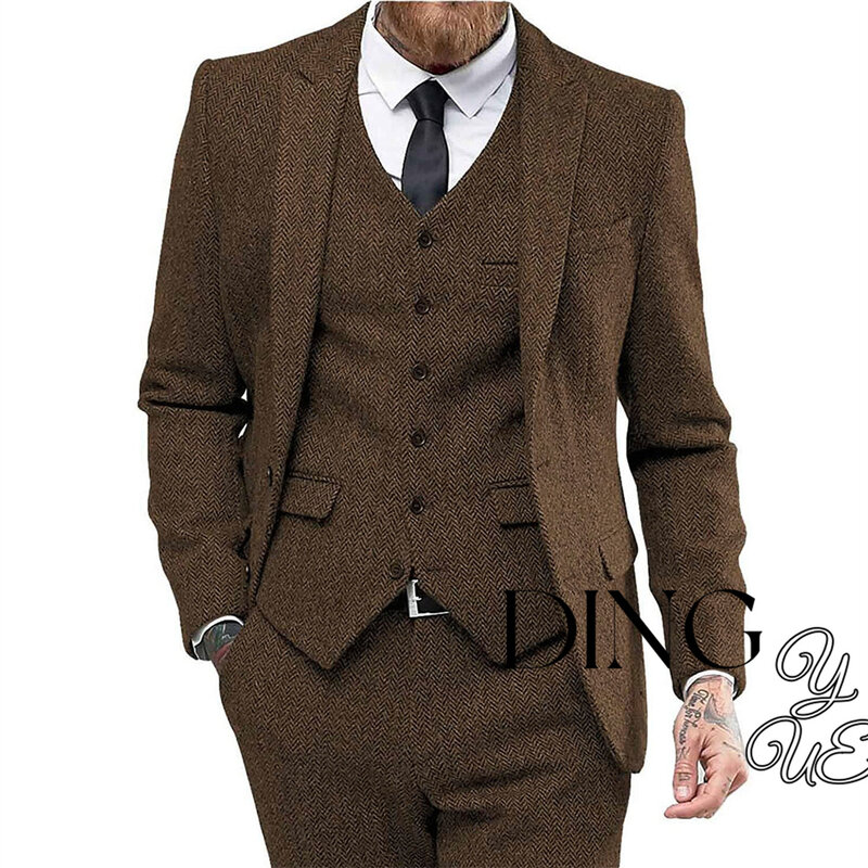 Classic 3 Pieces Mens Suit Herringbone Tweed Peak Lapel Tuxedos for Wedding Slim Fit Casual Formal Business (Blazer+vest+Pants)