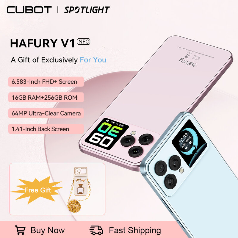 Cubot Hafury V1、スマートフォン Android、16GB RAM(8GB+8GB)、256GB ROM(1TB 拡張をサポート)、デュアル スクリーン、64MP カメラ、32MP Selfie カメラ、NFC、グローバル バージョン、デュアルSIMデュアル4G  携帯電話、smartphone android、美しい携帯電話、女性用携帯電話、カートに追加