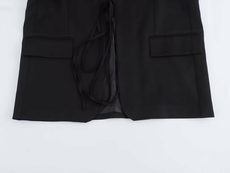 TRAFZA-Blazer liso con bolsillos para mujer, chaqueta holgada con lazo y cordones, cuello en V, Tops elegantes a la moda para primavera y verano, 2024