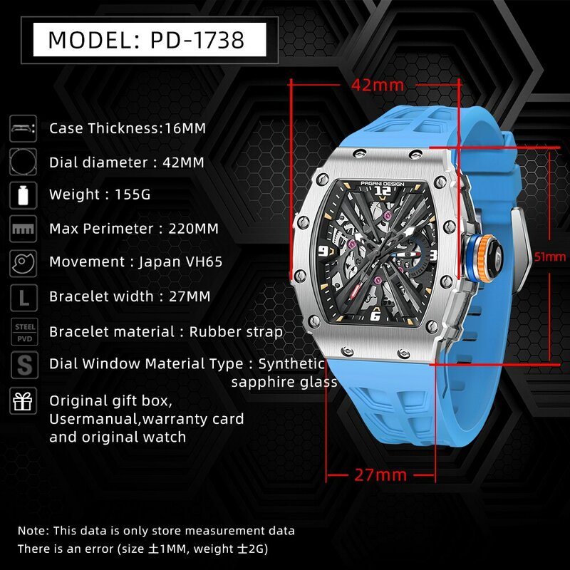 PAGANI DESIGN jam tangan pria, arloji Quartz VH65 Movt Skeleton Dial 2024 M anti air Olahraga persegi panjang safir kaca untuk pria 100