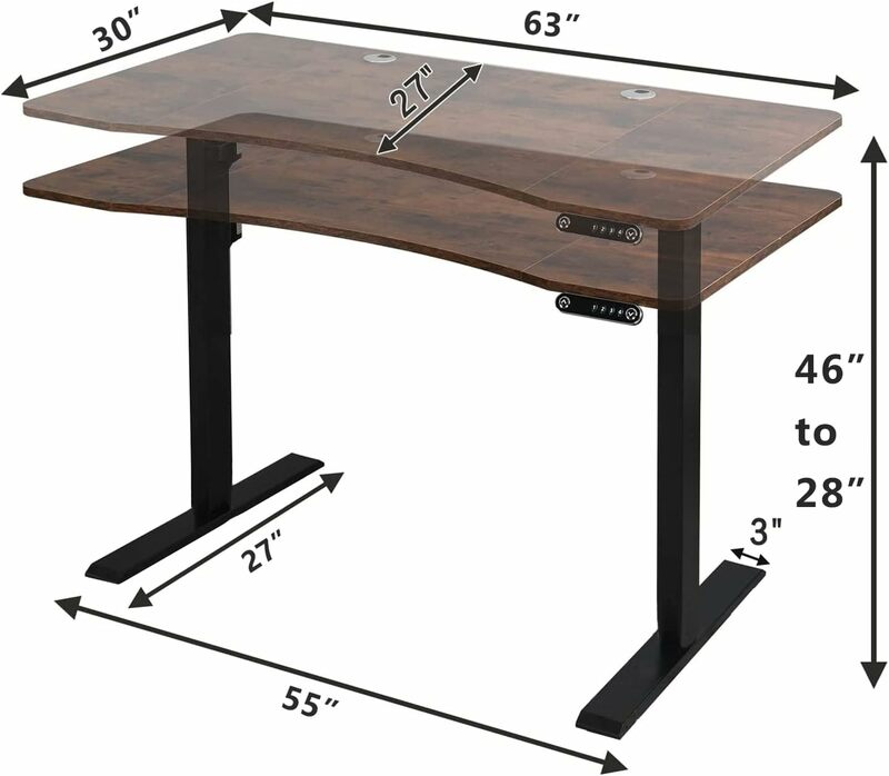 โต๊ะยืนไฟฟ้ามอเตอร์คู่ปรับความสูงได้63x30นิ้วพร้อมแผงต่อกันเสื้อสีน้ำตาลแนวชนบทโค้ง