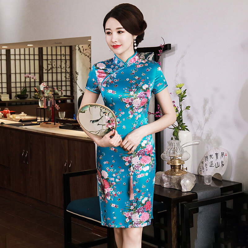 Senhoras cheongsam vestido feminino noite manga curta estilo chinês moda festa na altura do joelho retro magro ajuste do vintage