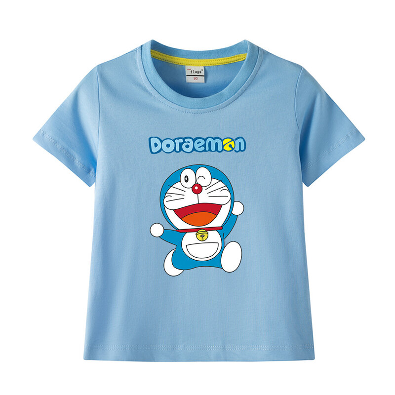 Doraemon pakaian anak laki-laki kaos lengan pendek anak-anak gambar kartun T-shirt musim panas santai O-Neck katun murni atasan anak perempuan Kawaii