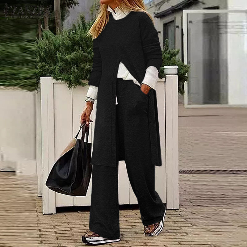 Fashion New Spring and Autumn Long Sleeve Casual Women's O-Neck Pocket Set Women's Solid Color Slim Fit Long Top Two Piece Set