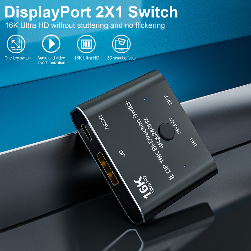 Двухсторонний переключатель DisplayPort 16K DP 2,0, 4K @ 240 Гц, 80 Гбит/с, HDR для нескольких источников, отображает кабель порта дисплея 2,0