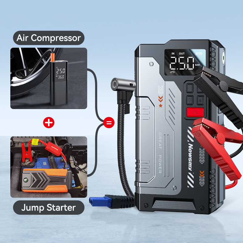 Newsmy-portátil Jump Starter com compressor de ar, impulsionador, insuflador de pneus, bateria de carro, Power Bank, carregador tipo C, bomba de ar, 22000mAh