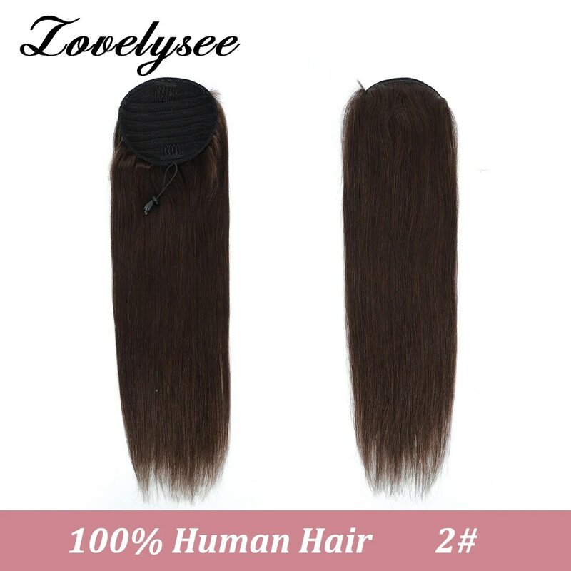 Extensiones de cabello humano con Clip para mujer, coleta recta con cordón, Color Natural, 14-28 pulgadas, 60G, 90G