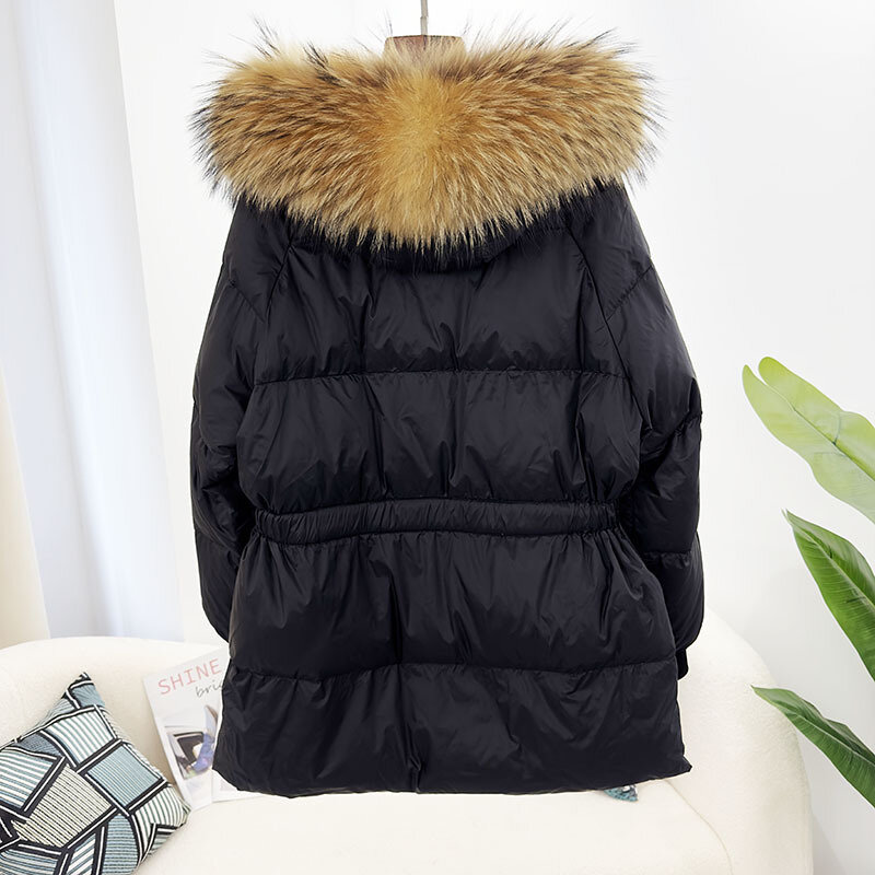 女性のミドル丈のジャケット,フード付き,白いダックダウン,スリムフィット,ウエストアップ,新しい冬