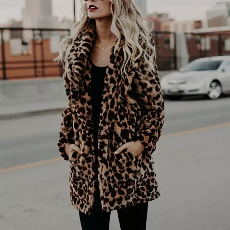 Luxury Leopard Print Faux Fur Coat Women Winter Thick Warm Fashion Long Sleeve Outerwear Artificial Fur Jacket Plush Clothing