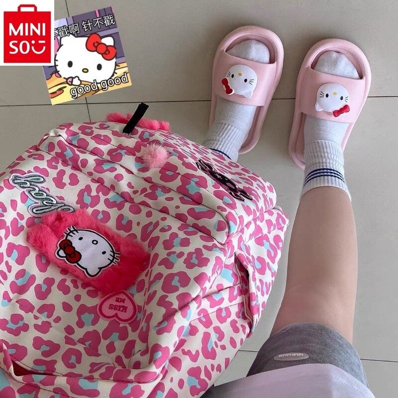 MINISO New Pink Leopard Print Kids Backpack Cartoon Anime Hello Kitty Zipper Student Casual Backpack