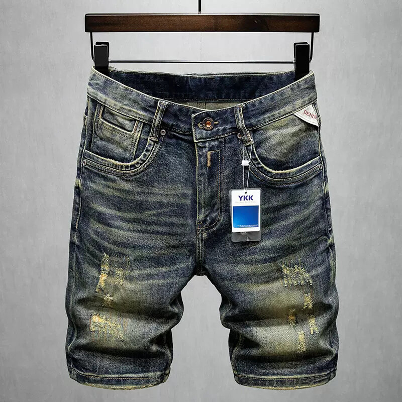 Zomer Trendy Mode Heren Jeans Hoge Kwaliteit Retro Zwart Elastisch Gescheurde Korte Jeans Gepatcht Vintage Designer Denim Shorts Heren