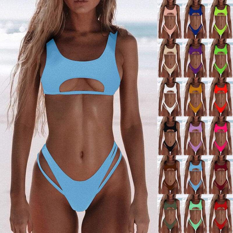 Conjunto de Bikini ahuecado para mujer, traje de baño de dos piezas, unicolor, con realce, multicolor, brasileño