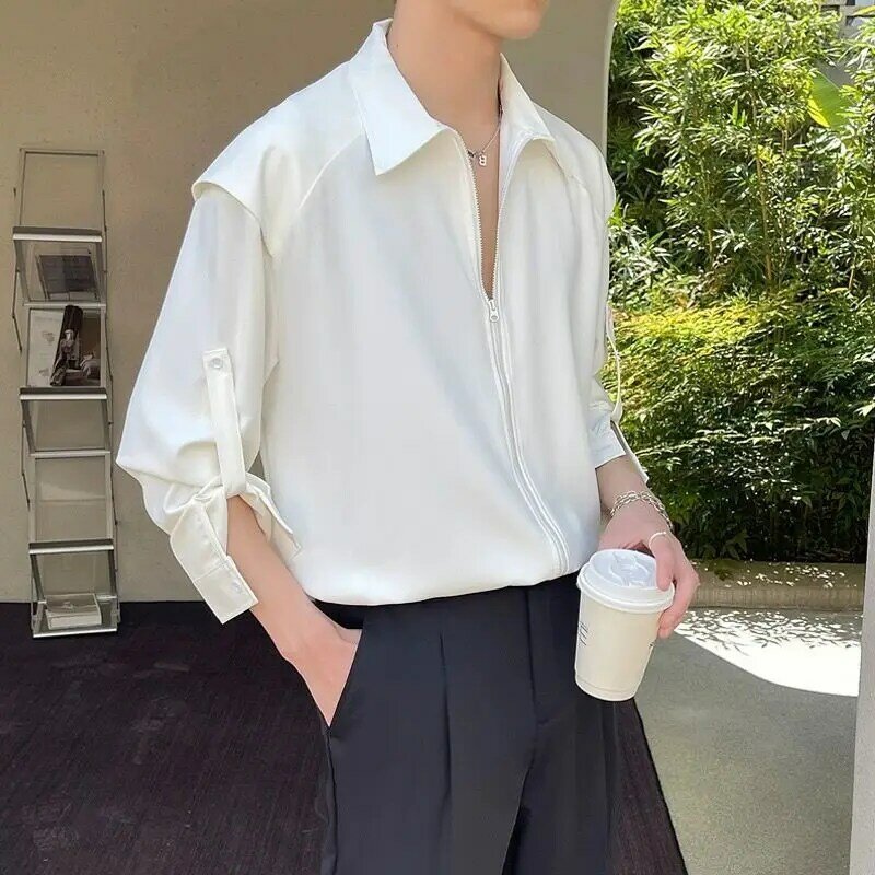 2024 Summer New Niche Design Mens Shirt Adjustable Long and Short Sleeves Non-iron Drape Ice Silk Thin Casual Zipper Shirt Men