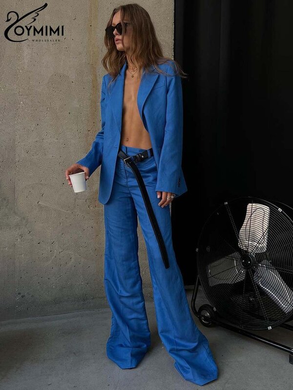 Oymimi-Ensemble élégant en coton bleu pour femme, chemise à manches longues, bouton unique, pantalon large monochrome, mode féminine, 2 pièces