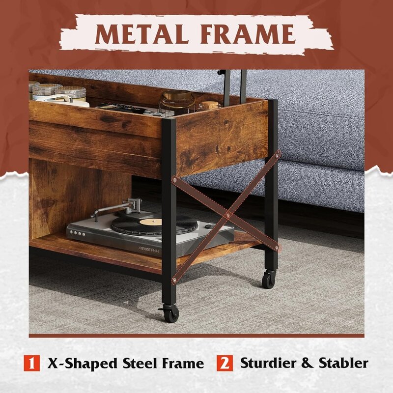 Lift Top Coffee Table for Living Room, with Storage, Hidden Compartment and Metal Frame,Central Table with 4 Casters Living Room