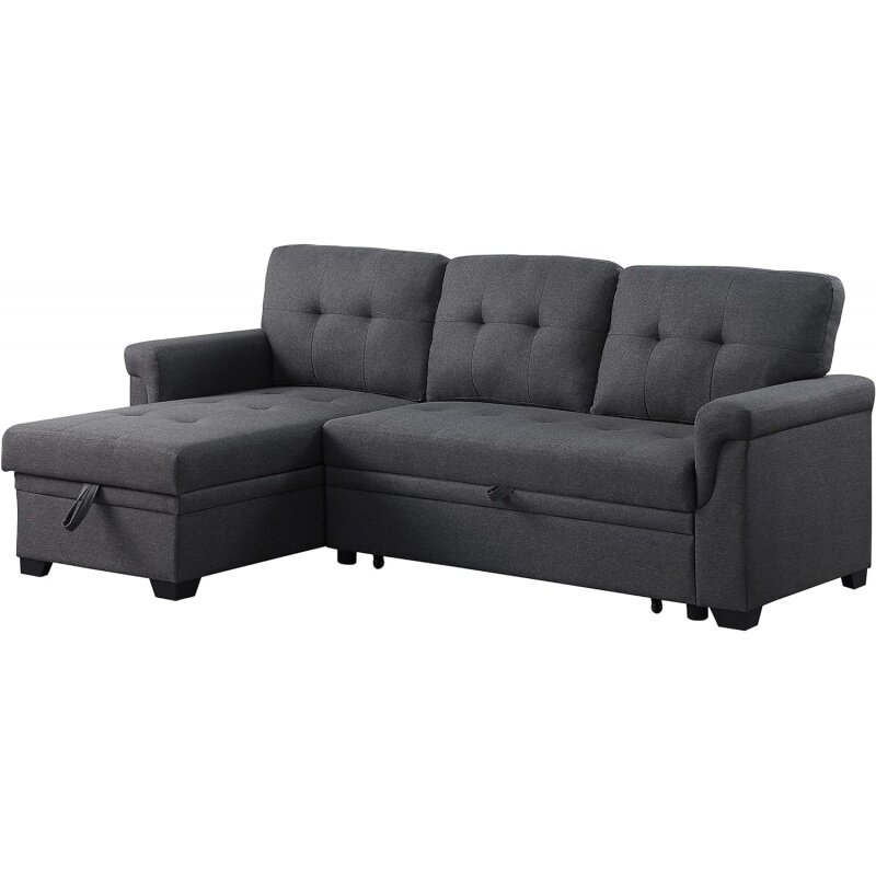Секционный диван-трансформер L-образной формы 84 дюйма, с местом для хранения и стеганными подушками, двухсторонний с 3-х местным льняным покрытием