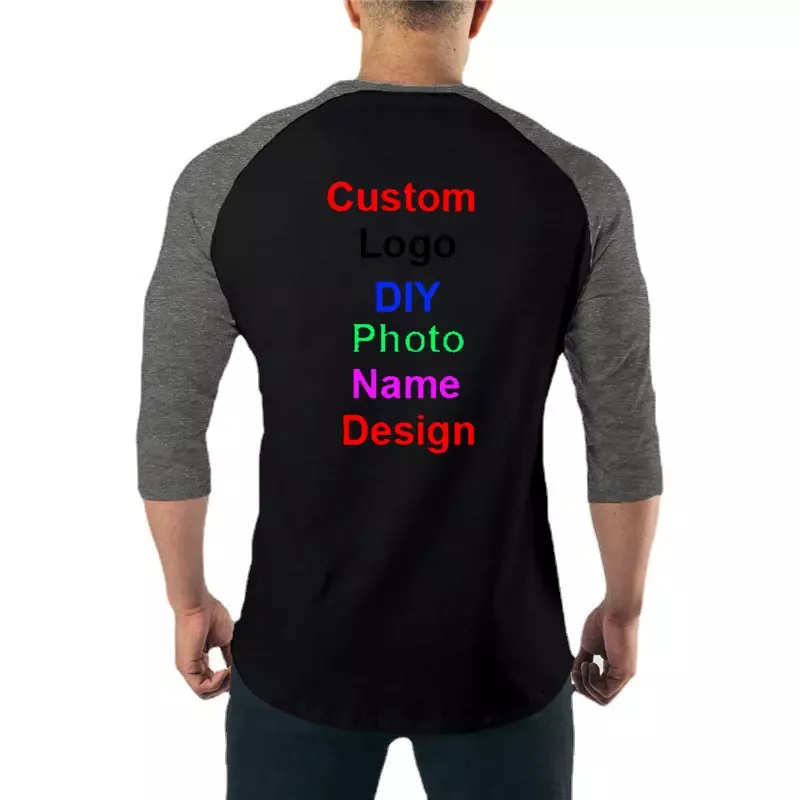 Customized DIY Brand Logo Autumn Fashion Three Quarter Sleeve Fitness T-shirt Men Patchwork O-neck Gym T shirts Slim Tee Shirts