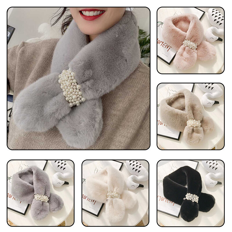 Plush Faux Fur Women Scarf Luxury Thick Plush Scarf Imitation Rabbit Fur Pearl Scarf Warm Fake Collar Ladies Snood Scarf
