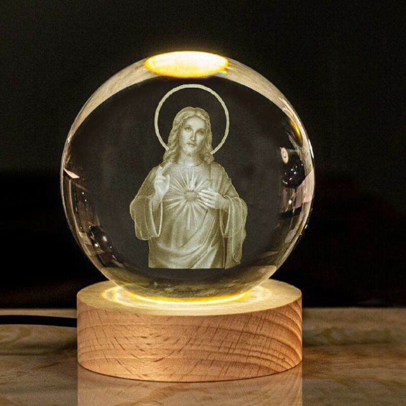 Handicraft Wooden Illumination USB Light 3D Night Light Crystals Glass Ball LED Display Stand Church Event Souvenir