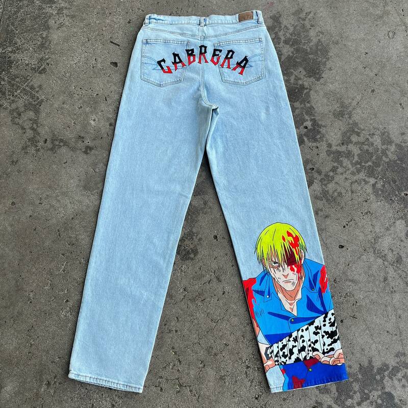 Jeans de cintura alta para homens e mulheres, estilo Harajuku, gráfico japonês de anime, streetwear, Y2K, novo