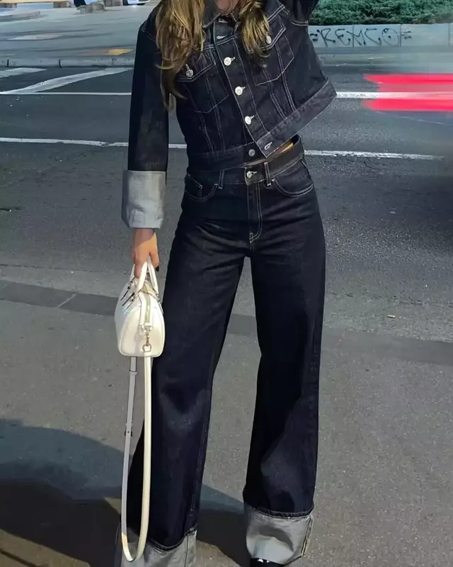 Chaqueta vaquera holgada con bolsillos para mujer, abrigo Vintage de manga rizada con botones, prendas de vestir exteriores elegantes, 2023