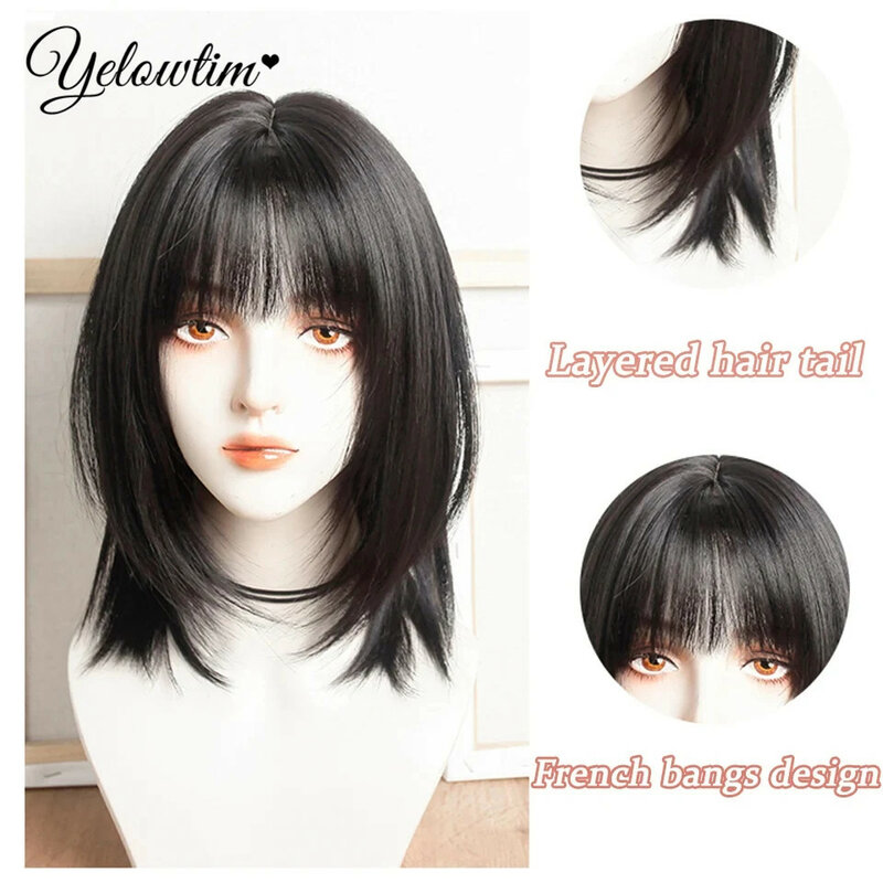 YELOWTIM-Peruca de cabelo sintético reto com franja para mulheres, marrom escuro, resistente ao calor, festa, uso natural diário