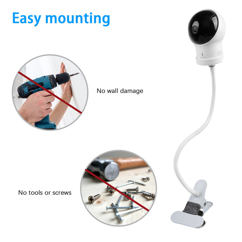 Flexible Clip Clamp Mount with Base For eufy SpaceView Video Baby Monitor Holder,Clip to Crib Cot Shelves or Furniture