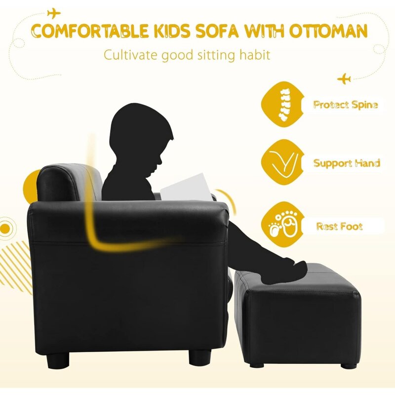 Sofa anak-anak dengan ottoman, sandaran tangan 2 tempat duduk, sofa berlapis kain dengan struktur kayu dan sandaran