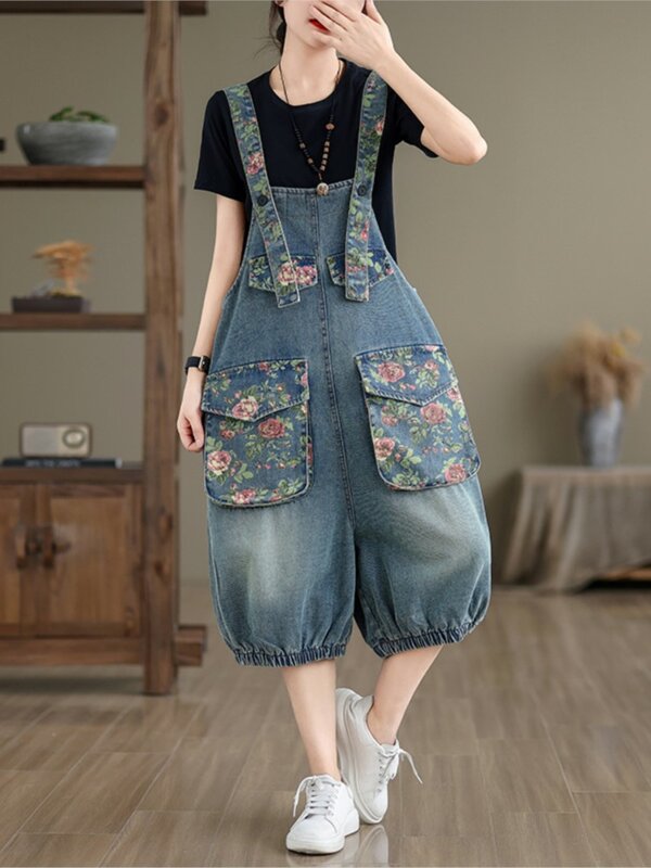 Oversized Jeans Flower Print Summer Denim Strap Shorts Women Casual Fashion Ladies Trousers Loose Pleated Woman Strap Shorts