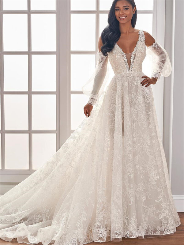 Gaun pengantin sederhana bahu terbuka 2024 gaun pernikahan elegan applique gaun panjang lantai A-Line romantis Vestidos De Novia