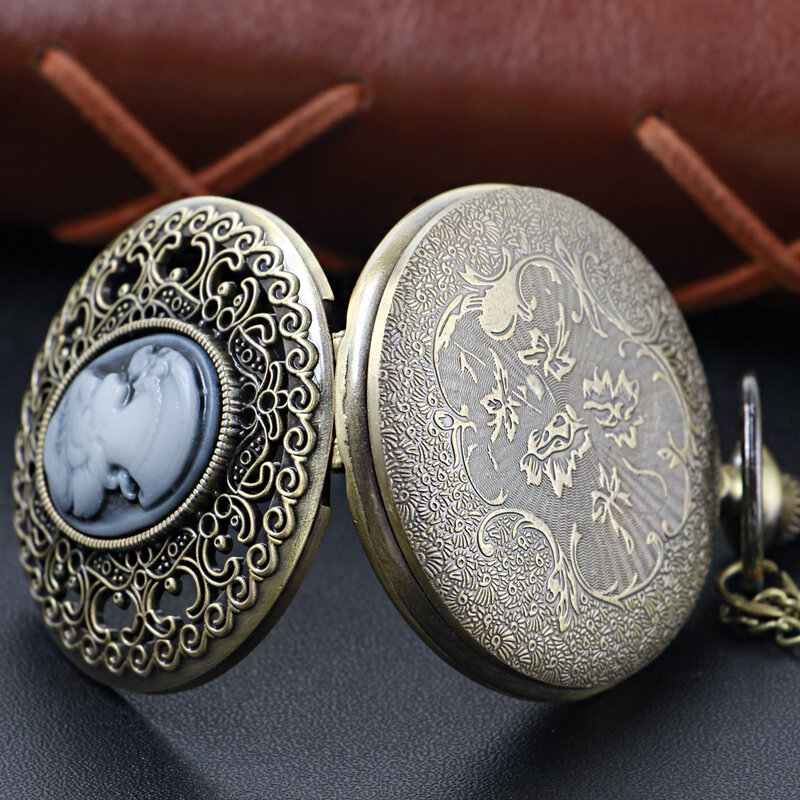 Antyczny brązowy głowa księżniczki królowej z wytłoczonym kwarcowym naszyjnikiem z damski zegarek kieszonkowy akcesoria pamiątkowy prezent zegar