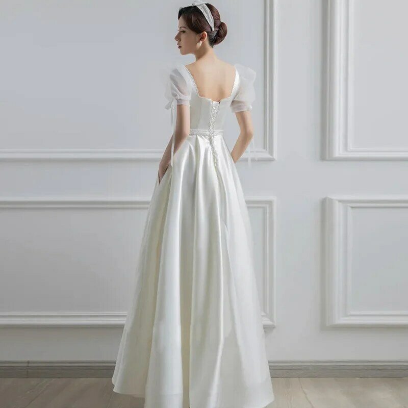 Białe satynowe suknie ślubne dla panny młodej formalny elegancka z bufkami rękaw wieczorowy gość długa letnia sukienka damska formalna przedsionek