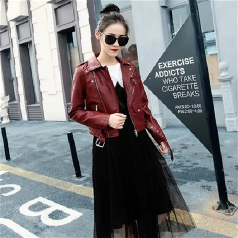 Осенне-зимний кожаный женский новый модный тонкий кожаный женский короткий пиджак из искусственной кожи корейский мотоциклетный костюм Женская мода