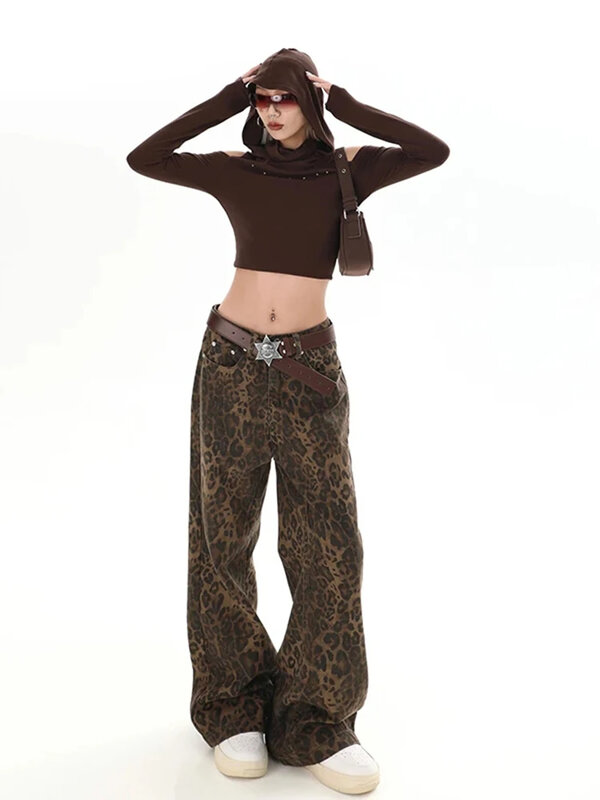 Y2k Leopard Jeans spodnie damskie luźna, wysoka z szerokimi nogawkami uliczne damskie spodnie Cargo 2024 wiosenne letnie modne spodnie jeansowe Hip Hop