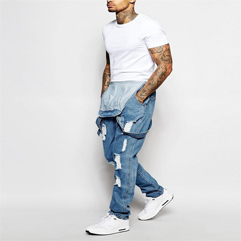 Moda Cool tuta da uomo pantaloni con bretelle blu chiaro pantaloni strappati in Denim Street Casual Youth Pocket Splicing Button Jeans 23