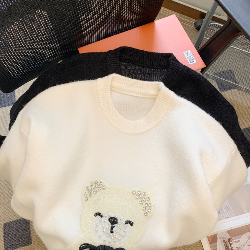 New Round Neck Pullover Little Bear Loose and Slim Lazy Style Knitted Sweater for Women Wool Office Lady Thickened Autumn X181